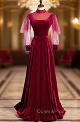 Burgundy Velvet Long Sleeve High Neck Backless Evening Prom Dress