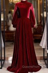 Burgundy Velvet Long Sleeve High Neck Evening Prom Dress