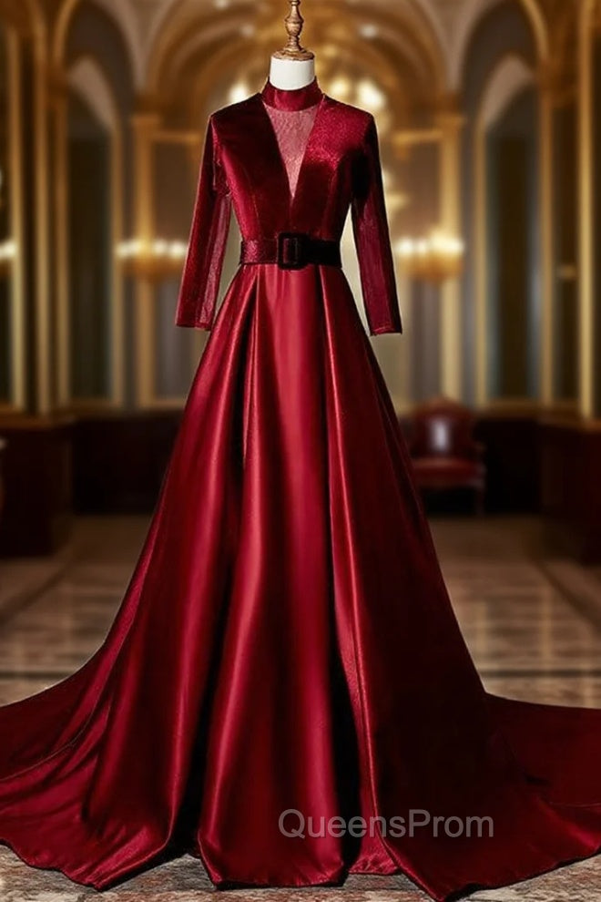 Burgundy Velvet Long Sleeve High Neck See Through Back Evening Prom Dress