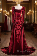 Burgundy Velvet Long Sleeve Pleats Square Evening Prom Dress