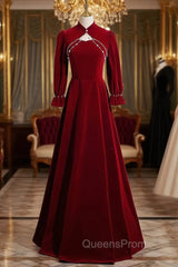 Burgundy Velvet Long Sleeve Evening Prom Dress