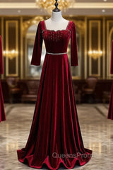 Burgundy Velvet Long Sleeve Square Beading Evening Prom Dress