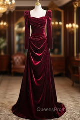 Burgundy Velvet Long Sleeve Square Neck Pleats Evening Prom Dress