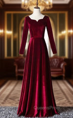 Burgundy Velvet Long Sleeve Square Evening Prom Dress