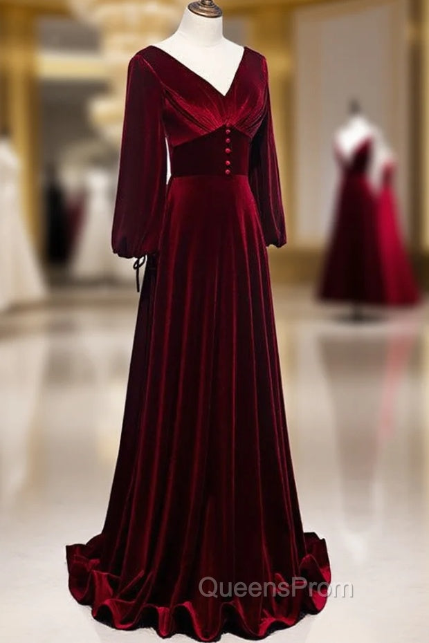 Burgundy Velvet Long Sleeves A-line Evening Prom Dress, Long Simple Bridesmaid Dress Secondary image