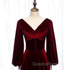 Burgundy Velvet Long Sleeves A-line Evening Prom Dress, Long Simple Bridesmaid Dress