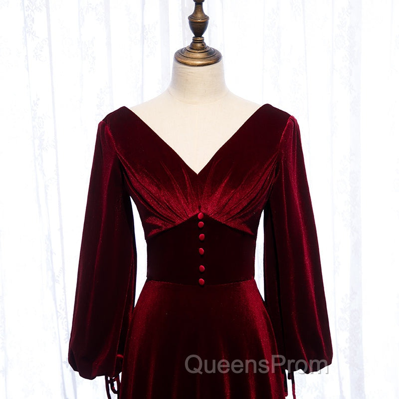 Burgundy Velvet Long Sleeves A-line Evening Prom Dress, Long Simple Bridesmaid Dress