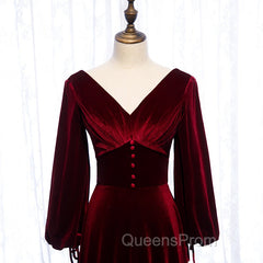 Burgundy Velvet Long Sleeves A-line Evening Prom Dress, Long Simple Bridesmaid Dress
