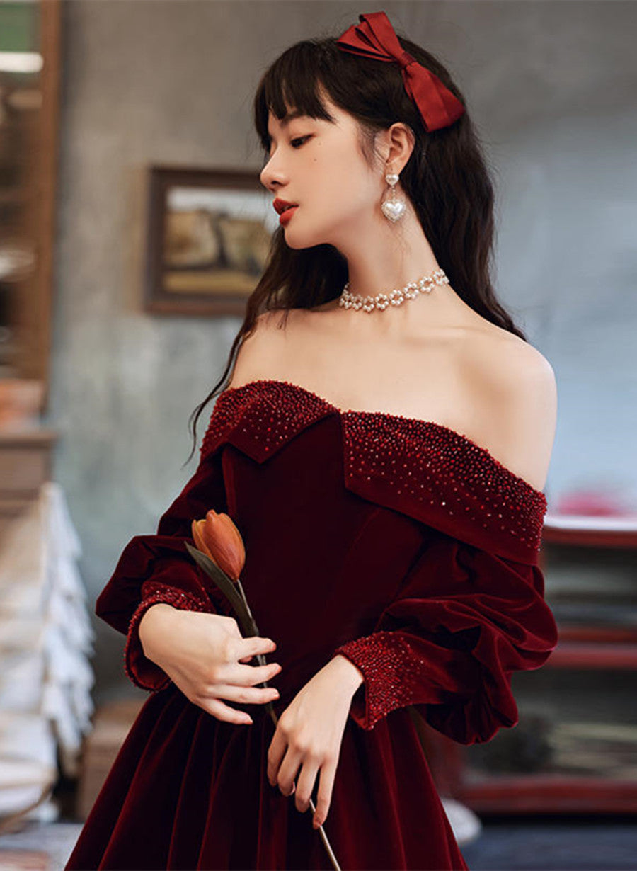 Burgundy Velvet Long Sleeves Beaded Classy Prom Dress, Sweetheart Long Classy Dress