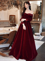 Burgundy Velvet Long Sleeves Beaded Classy Prom Dress, Sweetheart Long Classy Dress