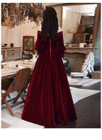 Burgundy Velvet Long Sleeves Beaded Classy Prom Dress, Sweetheart Long Classy Dress