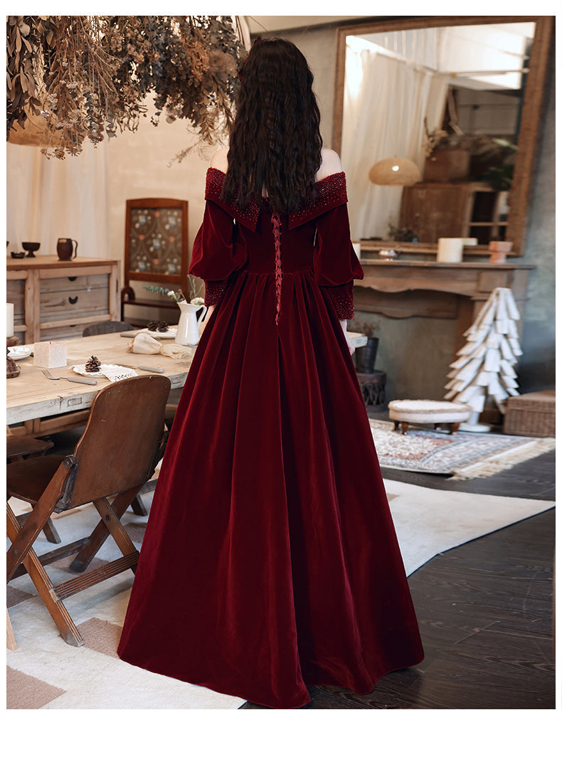 Burgundy Velvet Long Sleeves Beaded Classy Prom Dress, Sweetheart Long Classy Dress