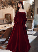 Burgundy Velvet Long Sleeves Beaded Classy Prom Dress, Sweetheart Long Classy Dress