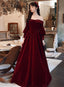 Burgundy Velvet Long Sleeves Beaded Classy Prom Dress, Sweetheart Long Classy Dress