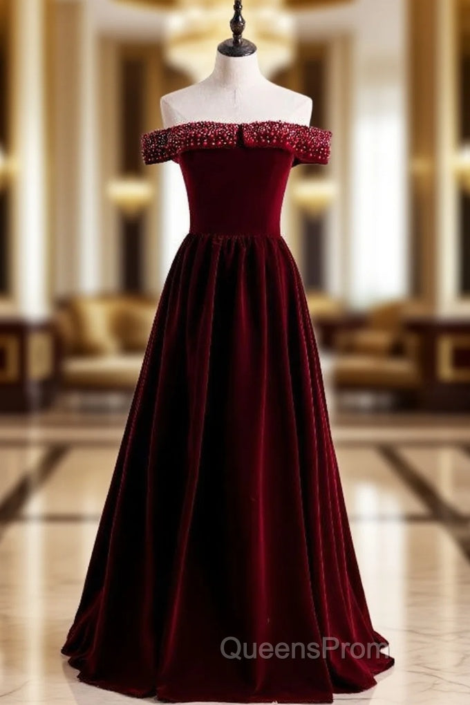 Burgundy Velvet Off the Shoulder Beading Evening Prom Dress
