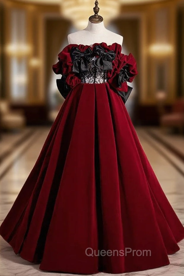 Burgundy Velvet Off the Shoulder Black Bow Evening Prom Dress Main image