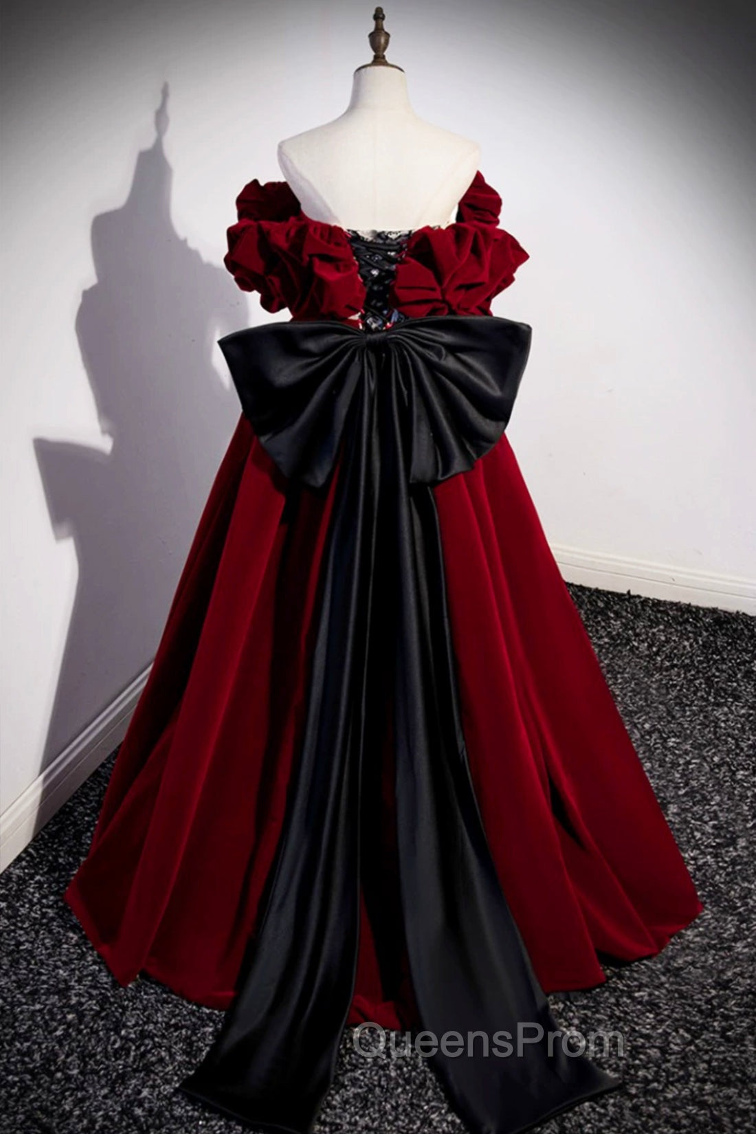 Burgundy Velvet Off the Shoulder Floor Length Evening Prom Dress