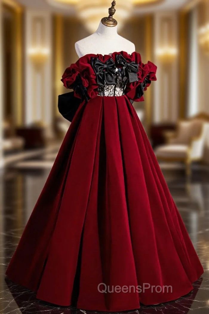 Burgundy Velvet Off the Shoulder Floor Length Evening Prom Dress Main image