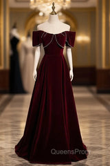 Burgundy Velvet Off the Shoulder Pearls Evening Prom Dress