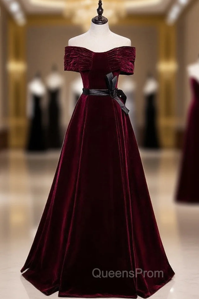 Burgundy Velvet Off the Shoulder Pleats Evening Prom Dress With Belt