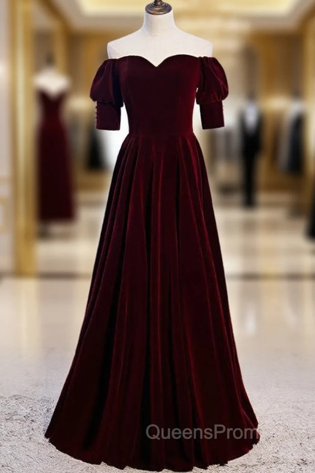 Burgundy Velvet Off the Shoulder Short Sleeve Evening Prom Dress Main image