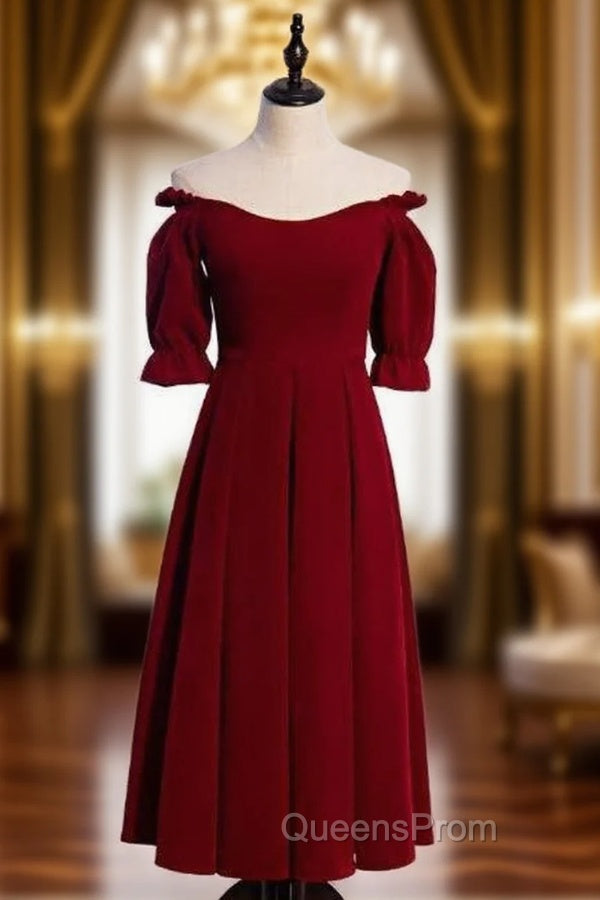 Burgundy Velvet Off the Shoulder Short Sleeve Tea Length Evening Prom Dress