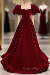 Burgundy Velvet Puff Sleeve Backless Beading Evening Prom Dress