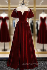 Burgundy Velvet Puff Sleeve Beading Evening Prom Dress