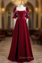 Burgundy Velvet Puff Sleeve Pearls Evening Prom Dress