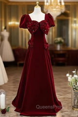 Burgundy Velvet Puff Sleeve Evening Prom Dress With Bow