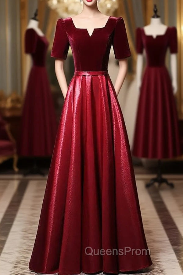 Burgundy Velvet Satin Short Sleeve Evening Prom Dress Main image