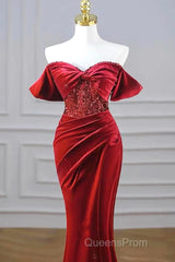 Burgundy Velvet Sequins Long Evening Prom Dress, Mermaid Off The Shoulder Party Dress With Slit