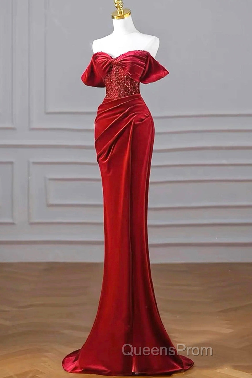 Burgundy Velvet Sequins Long Evening Prom Dress, Mermaid Off The Shoulder Party Dress With Slit