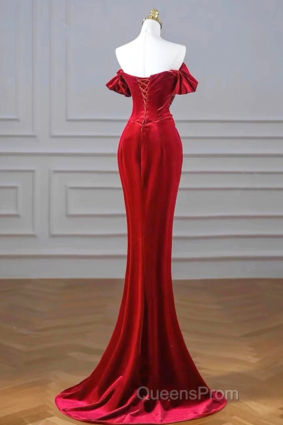 Burgundy Velvet Sequins Long Evening Prom Dress, Mermaid Off The Shoulder Party Dress With Slit