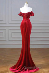 Burgundy Velvet Sequins Long Evening Prom Dress, Mermaid Off The Shoulder Party Dress With Slit