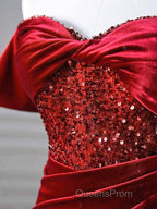 Burgundy Velvet Sequins Long Evening Prom Dress, Mermaid Off The Shoulder Party Dress With Slit