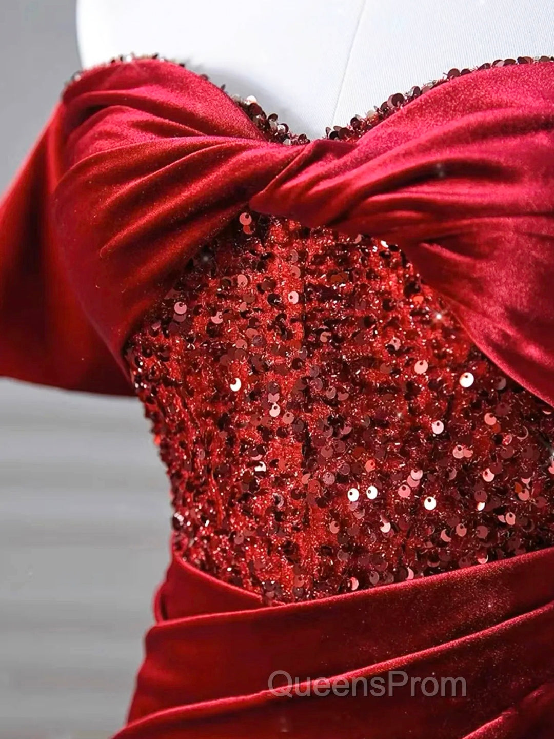 Burgundy Velvet Sequins Long Evening Prom Dress, Mermaid Off The Shoulder Party Dress With Slit
