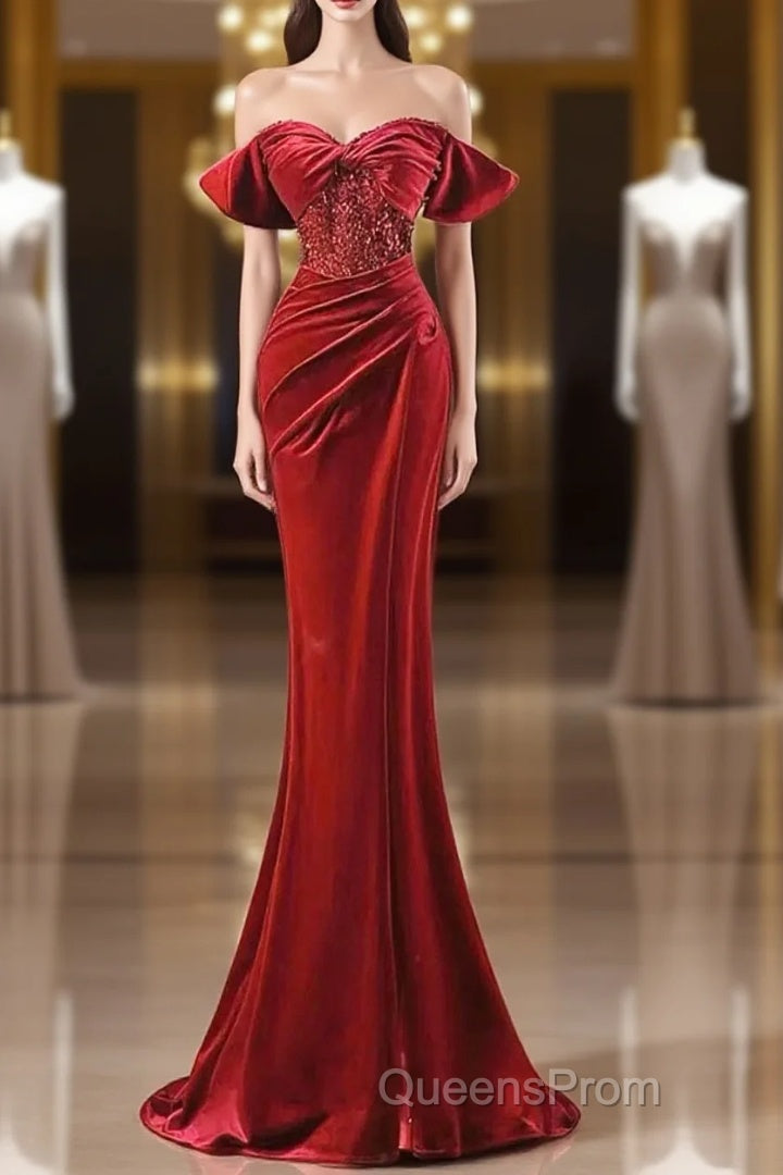 Burgundy Velvet Sequins Long Evening Prom Dress, Mermaid Off The Shoulder Party Dress With Slit Main image