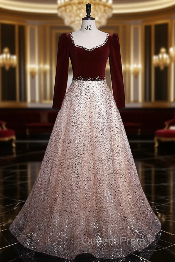 Burgundy Velvet Sequins Long Sleeve Beading Evening Prom Dress
