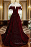 Burgundy Velvet Sequins Off the Shoulder Evening Prom Dress