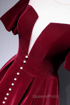 Burgundy Velvet Short Evening Prom Dress, Cute A-Line Party Dress