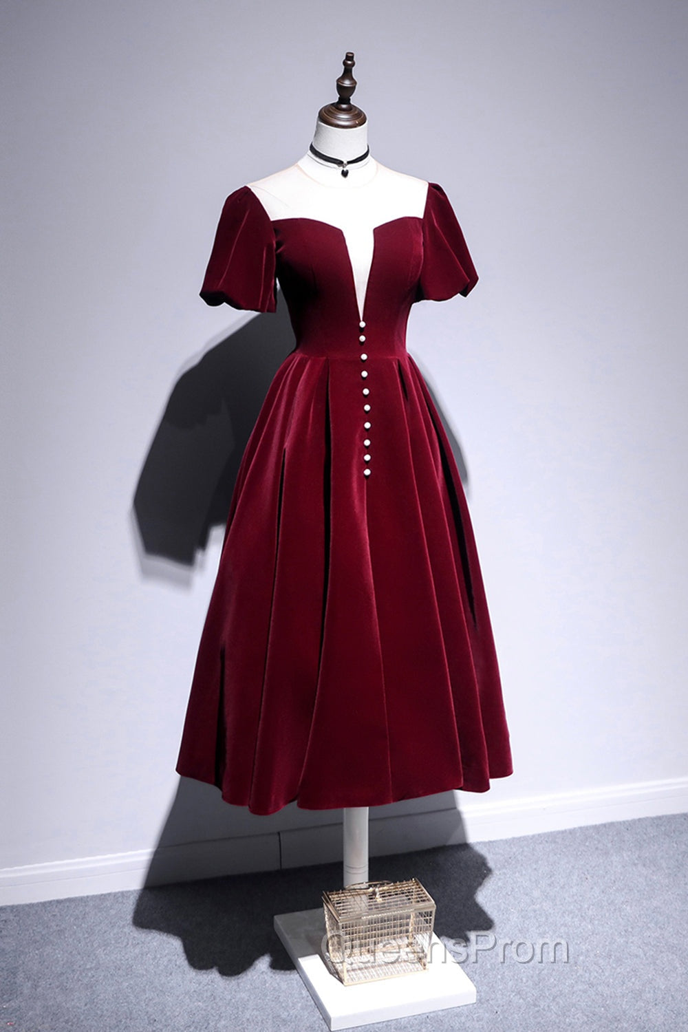 Burgundy Velvet Short Evening Prom Dress, Cute A-Line Party Dress