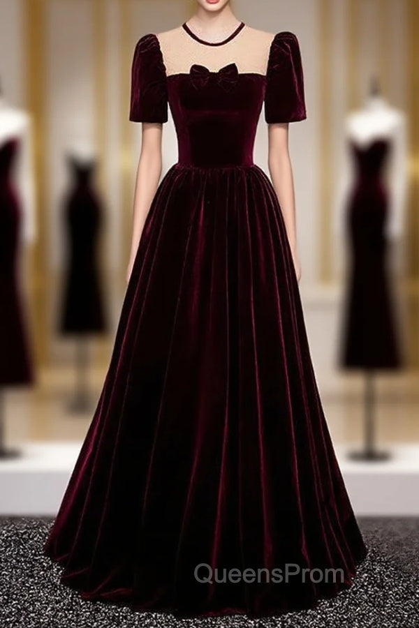 Burgundy Velvet Short Sleeve Bow Evening Prom Dress Main image