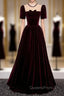 Burgundy Velvet Short Sleeve Bow Evening Prom Dress