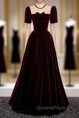 Burgundy Velvet Short Sleeve Bow Evening Prom Dress