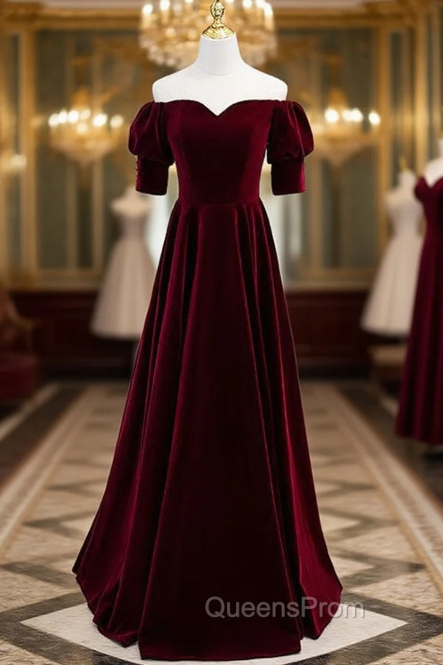 Burgundy Velvet Short Sleeve Long Evening Prom Dress