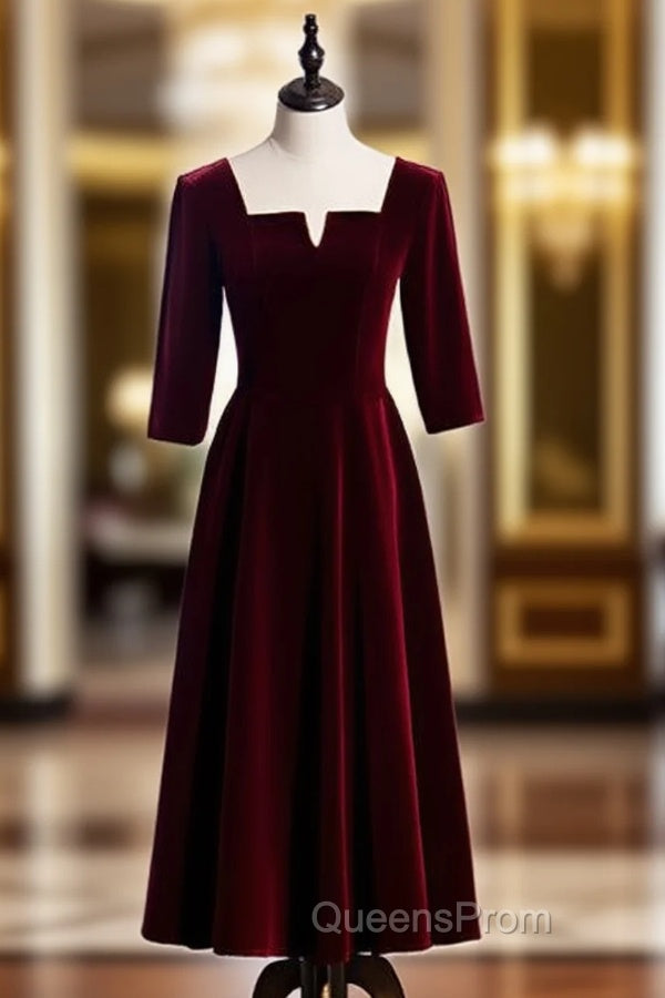 Burgundy Velvet Short Sleeve Square Tea Length Evening Prom Dress Main image