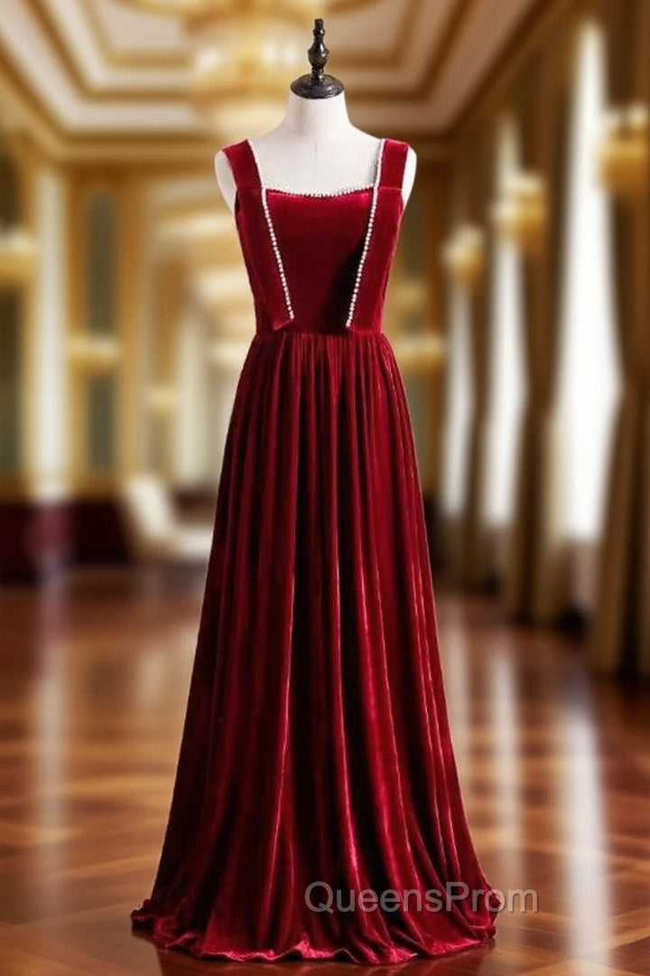 Burgundy Velvet Sleeveless Pearls Long Evening Prom Dress
