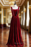 Burgundy Velvet Sleeveless Pearls Long Evening Prom Dress
