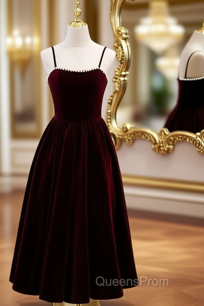 Burgundy Velvet Spaghetti Straps Pearls Evening Prom Dress